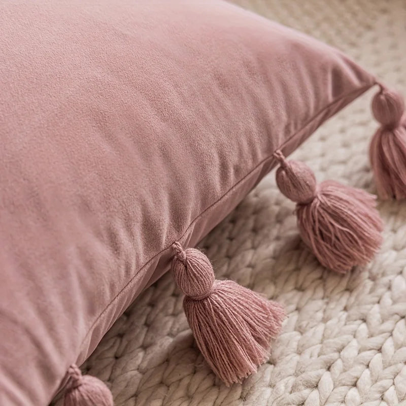 Soft Velvet Pillow Cover Boho Style with Tassel Detail