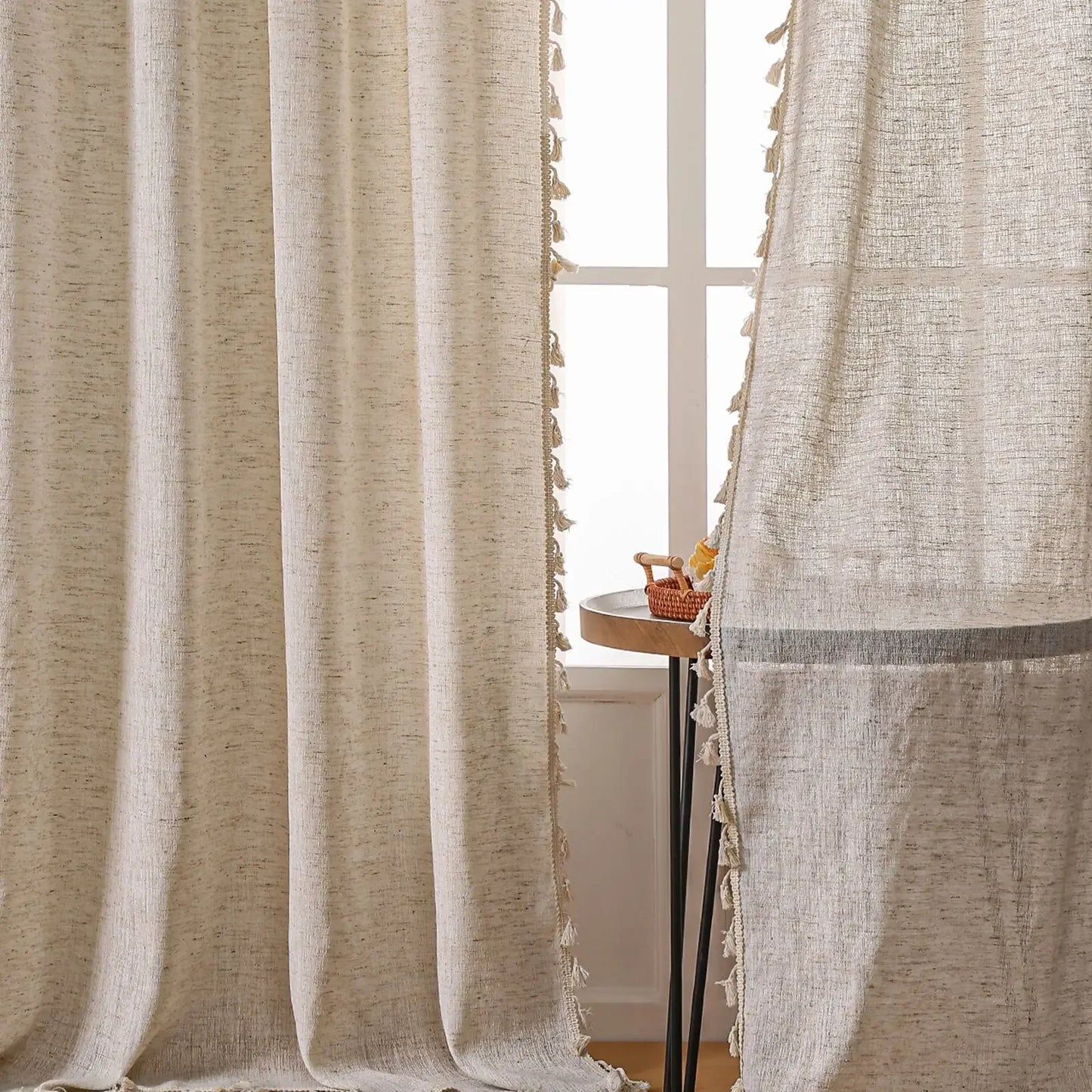 Cream Linen Curtain with Lace Tassels and Rod Pocket for Cozy Spaces