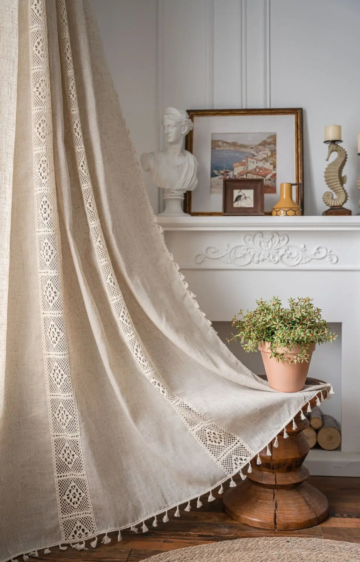 Cream Linen Curtain with Lace Tassels and Rod Pocket for Cozy Spaces