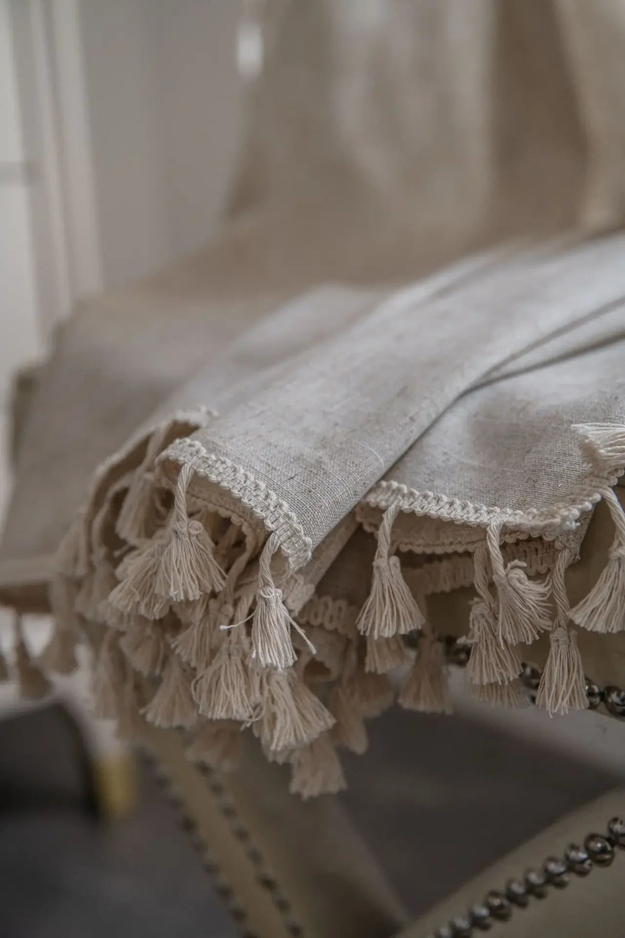 Cream Linen Curtain with Lace Tassels and Rod Pocket for Cozy Spaces