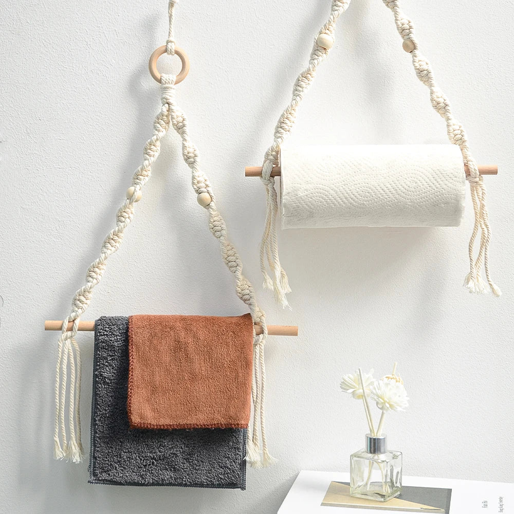 Handwoven Macrame Wall Rack for Paper Roll and Towels