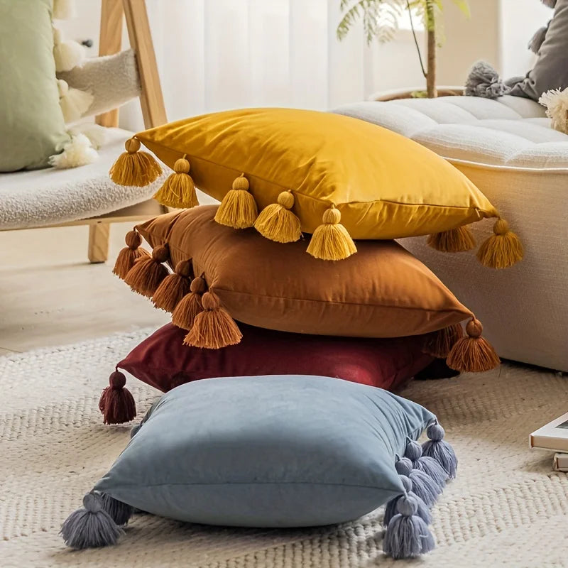 Soft Velvet Pillow Cover Boho Style with Tassel Detail