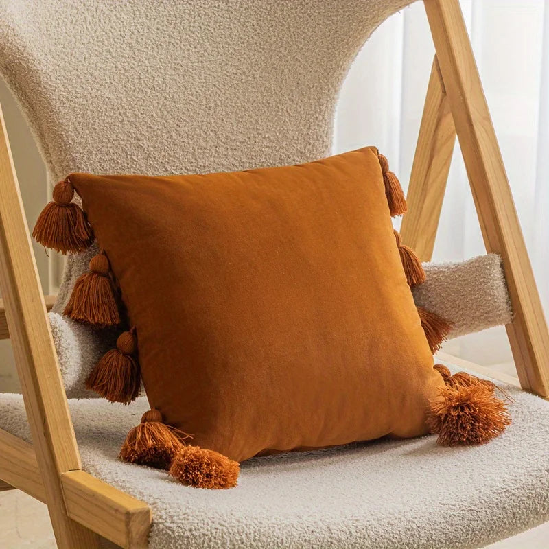 Soft Velvet Pillow Cover Boho Style with Tassel Detail