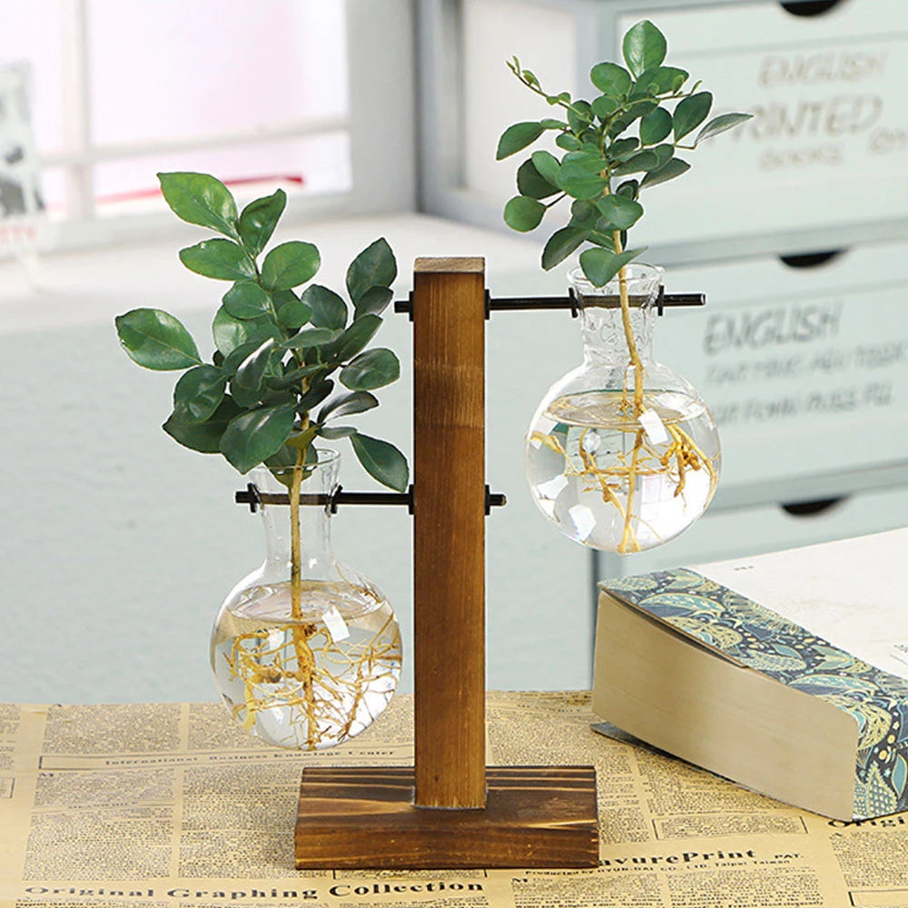 Rustic Glass Bulb Vase with Wooden Frame