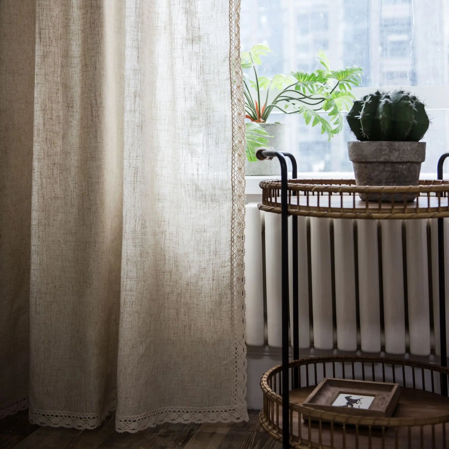 Cream Linen Curtain with Lace Tassels and Rod Pocket for Cozy Spaces