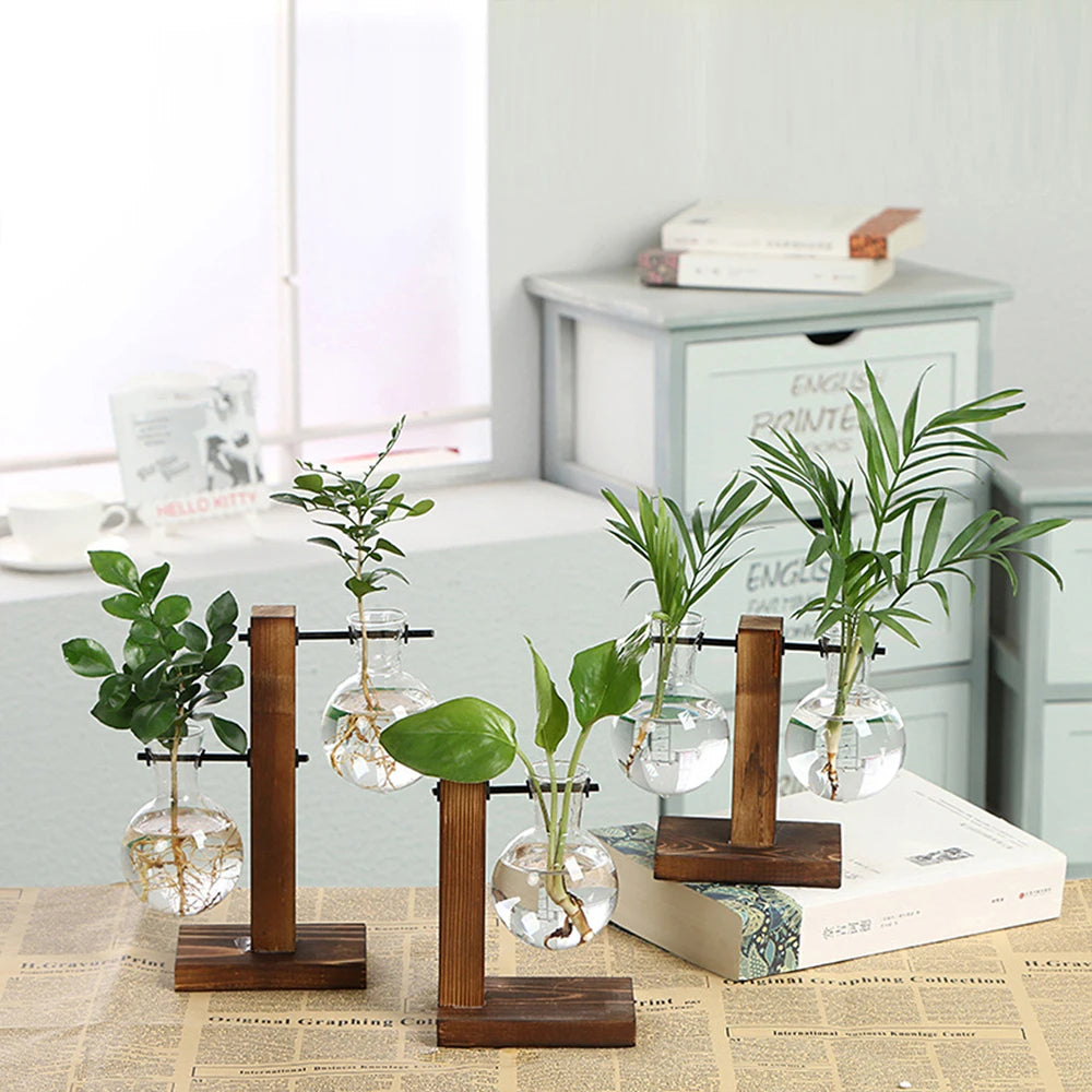 Rustic Glass Bulb Vase with Wooden Frame