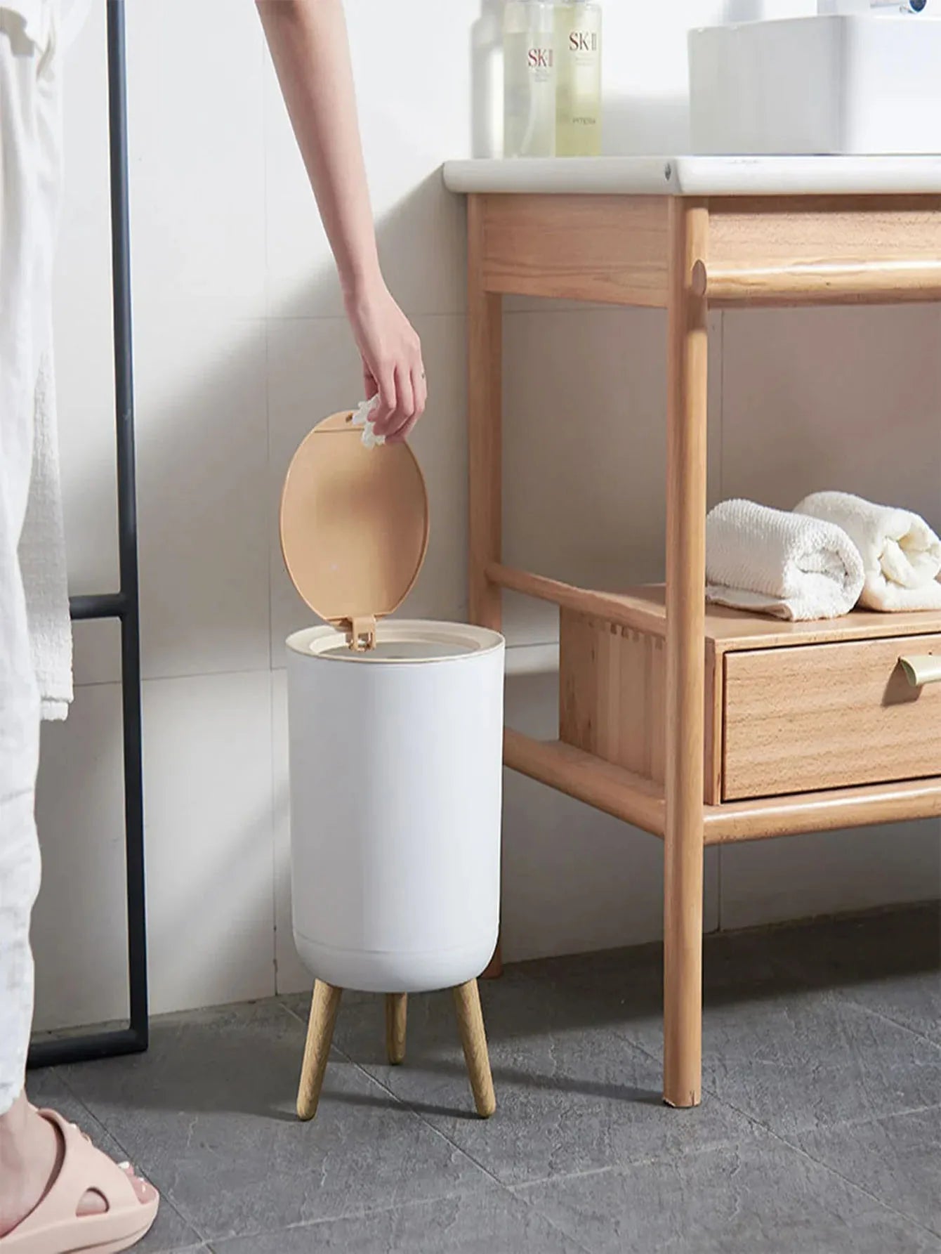 Wooden Wastebasket with Lid and Pedal Design