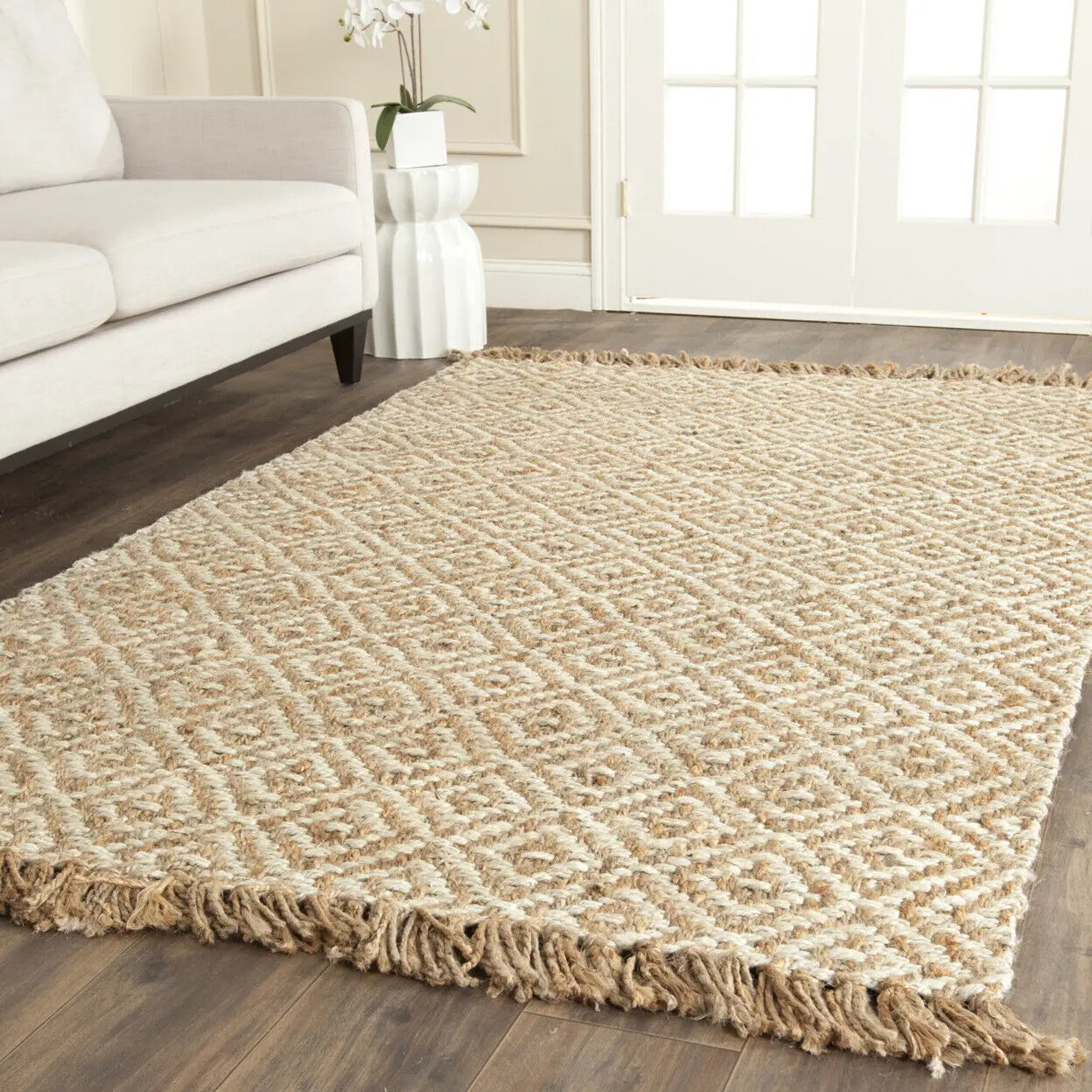 Ivory Jute Area Rug with Tassel Detail for Rustic Living Room Style