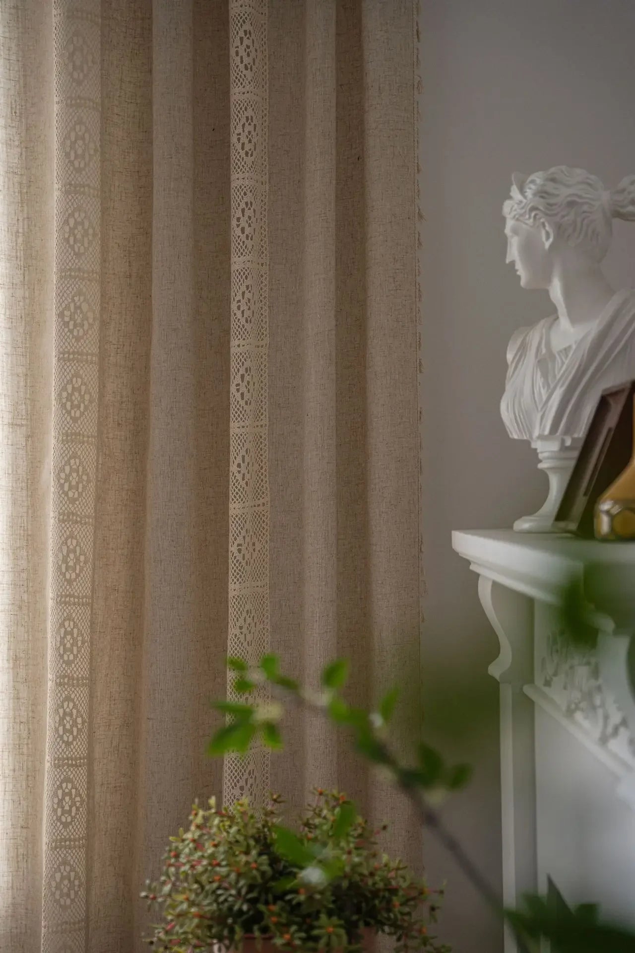 Cream Linen Curtain with Lace Tassels and Rod Pocket for Cozy Spaces