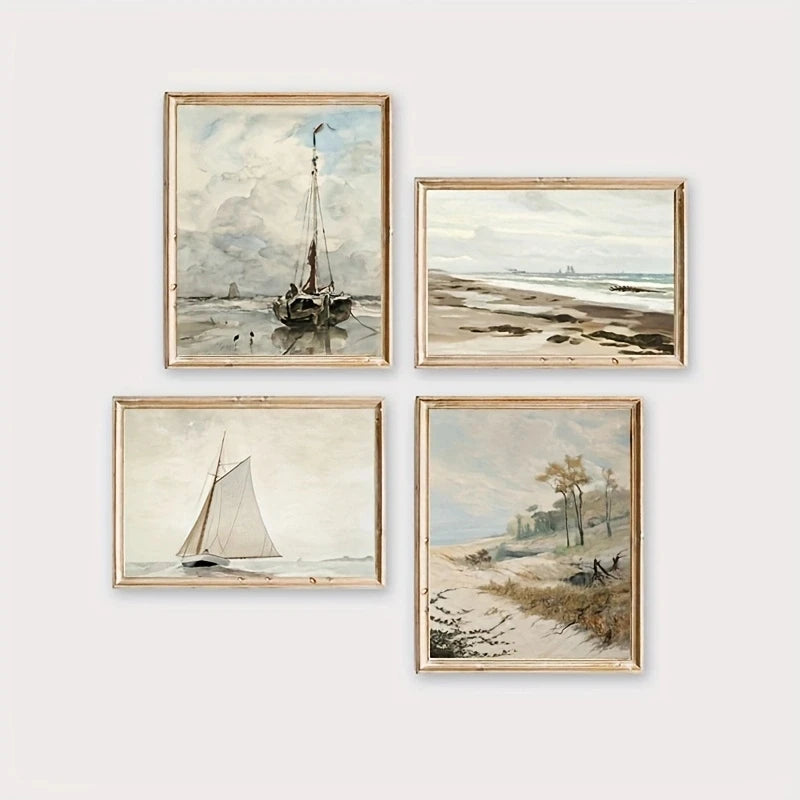 Whispering Tides – Antique Coastal Canvas Art for Boho Spaces (4pcs)