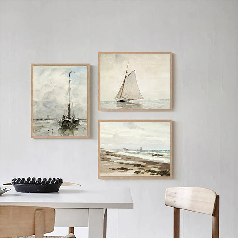 Whispering Tides – Antique Coastal Canvas Art for Boho Spaces (4pcs)