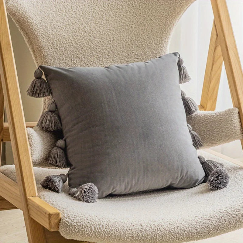 Soft Velvet Pillow Cover Boho Style with Tassel Detail