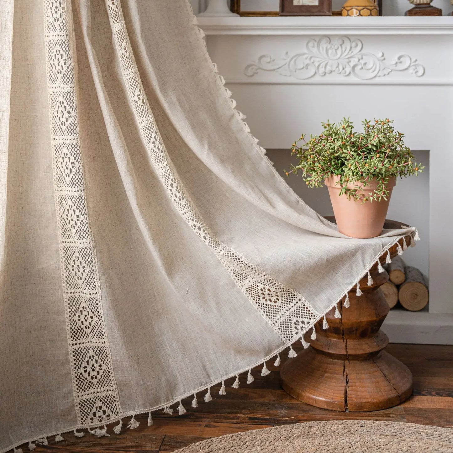 Cream Linen Curtain with Lace Tassels and Rod Pocket for Cozy Spaces