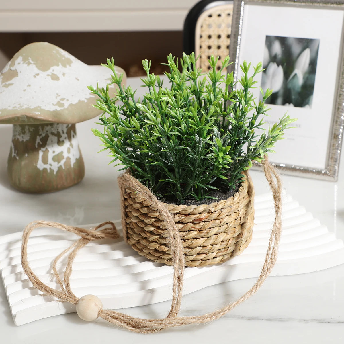 Woven Rosemary and Grass Potted Arrangement