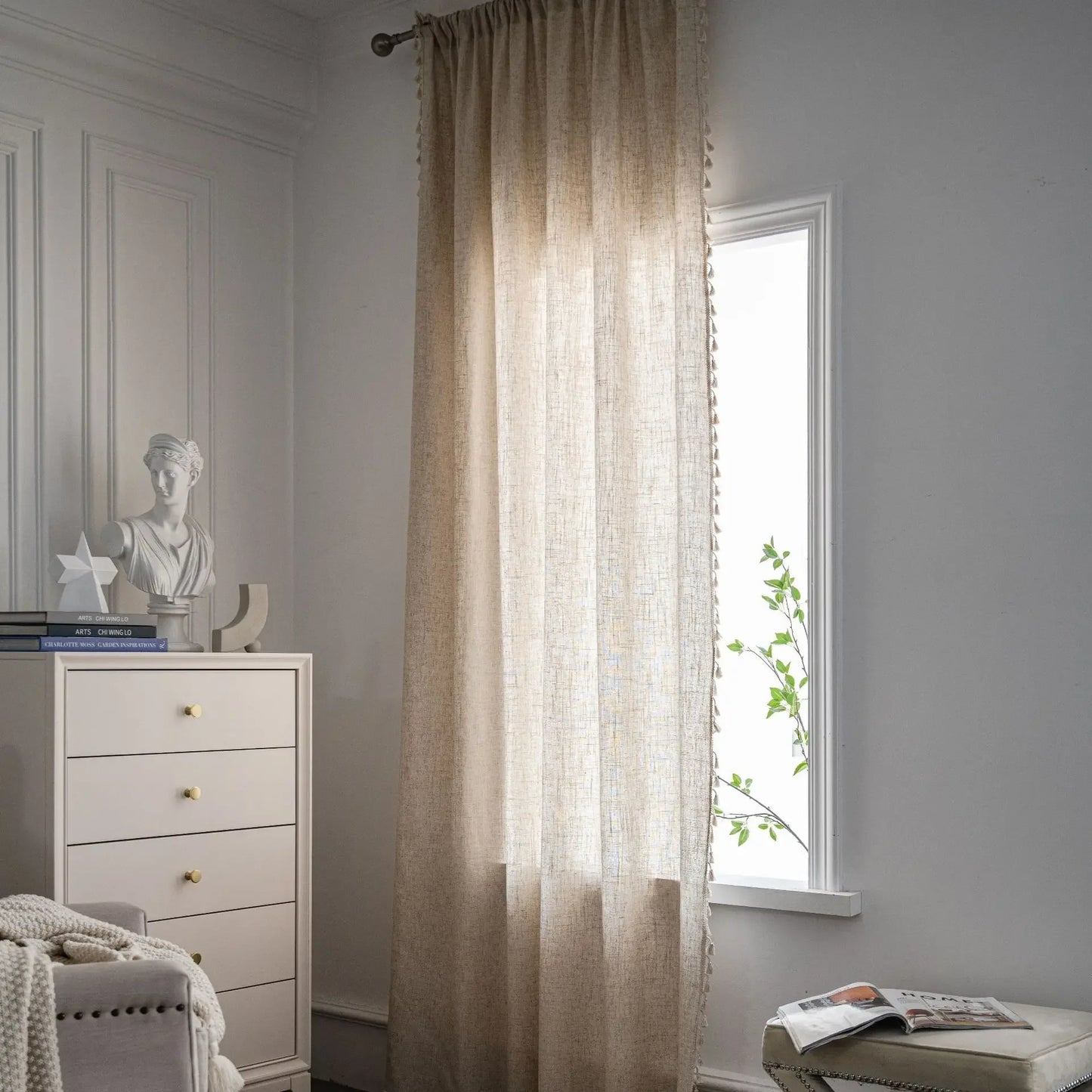 Cream Linen Curtain with Lace Tassels and Rod Pocket for Cozy Spaces