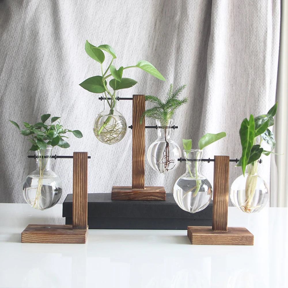Rustic Glass Bulb Vase with Wooden Frame