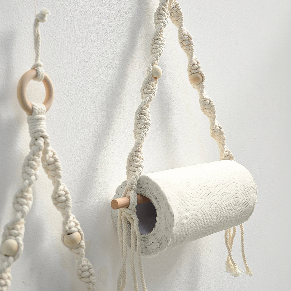 Handwoven Macrame Wall Rack for Paper Roll and Towels