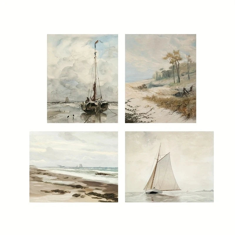 Whispering Tides – Antique Coastal Canvas Art for Boho Spaces (4pcs)