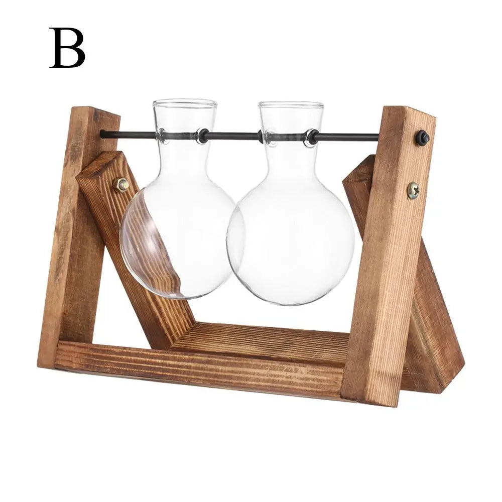 Glass Plant Vase with Natural Wood Stand