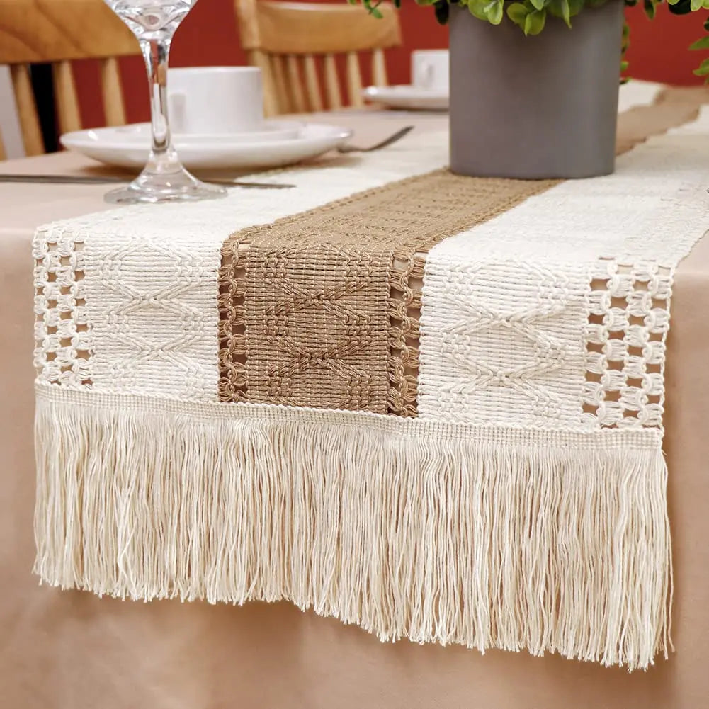 Boho Table Runner with Crochet Trim