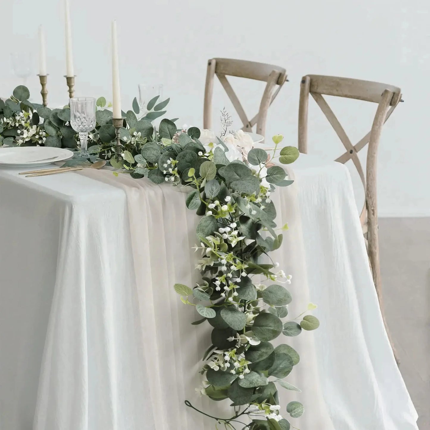 Eucalyptus Leaves Garland with White Flowers