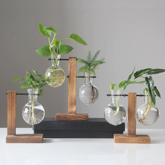 Rustic Glass Bulb Vase with Wooden Frame
