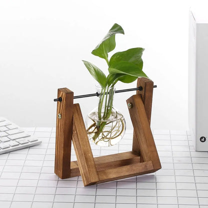 Glass Plant Vase with Natural Wood Stand