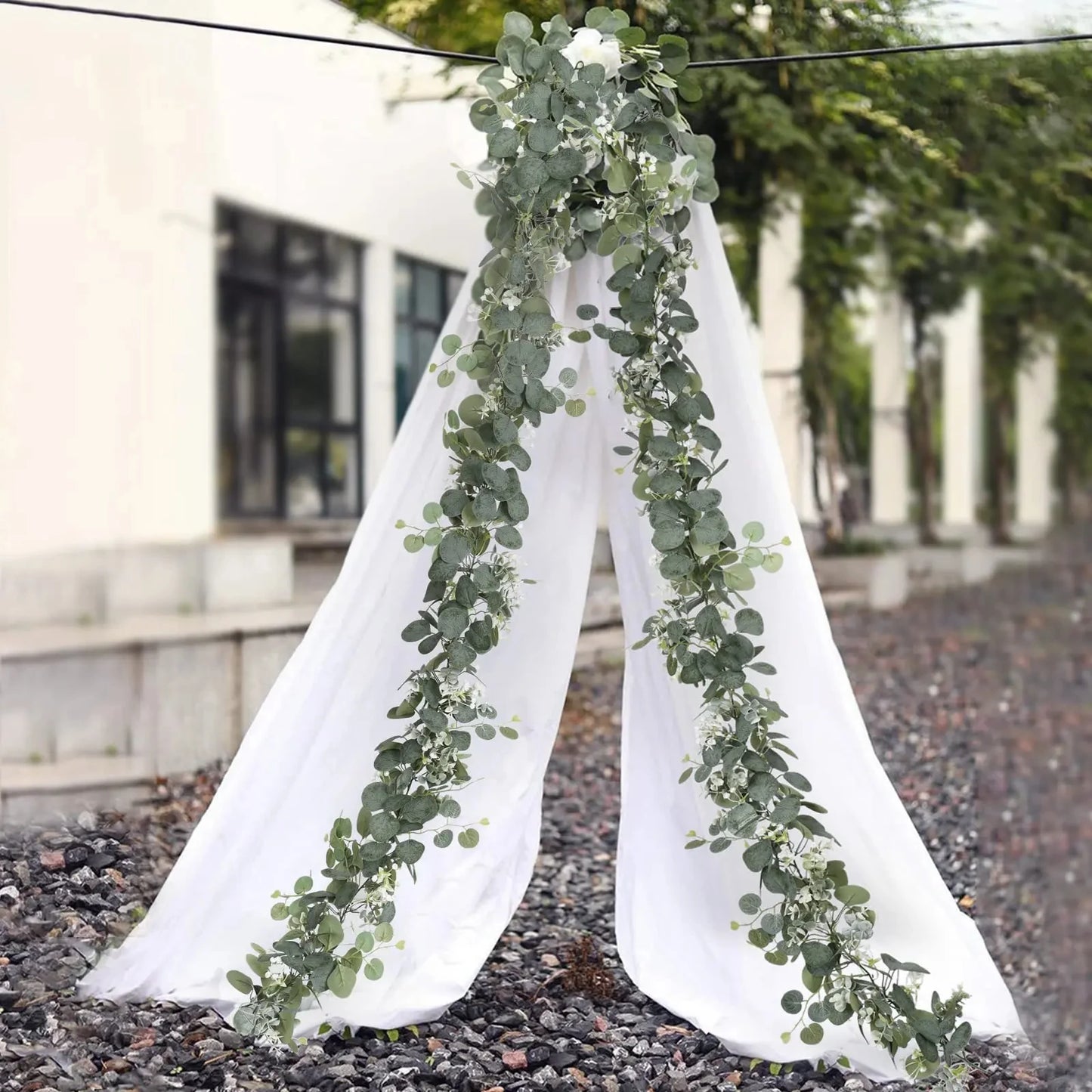 Eucalyptus Leaves Garland with White Flowers