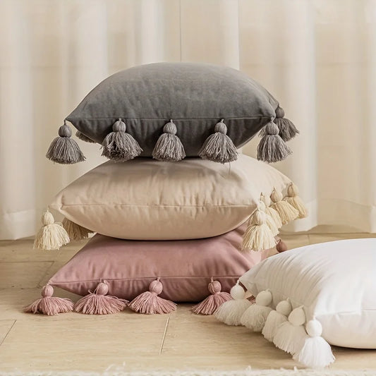 Soft Velvet Pillow Cover Boho Style with Tassel Detail